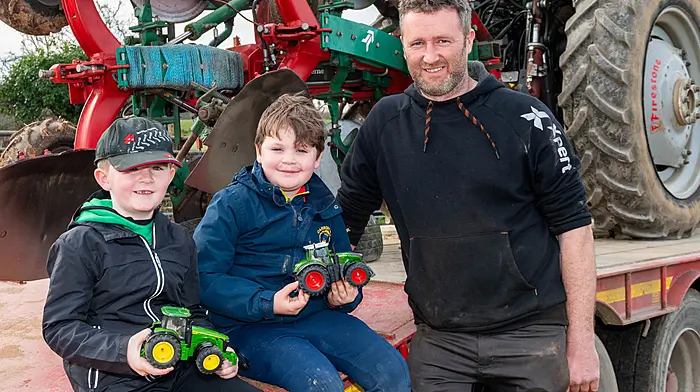 Kilmeen, West Cork, Ireland. 9th Mar, 2025. The West Cork Ploughing Association held its County FInal in Kilmeen, near Rossmore today. A large number of competitors entered the ploughing match. At the ploughing match with their tractors were JT O'Driscoll and his dad Liam from Kilbrittain and Tommy O'Rourke (centre) from Timoleague. Picture: Andy Gibson.