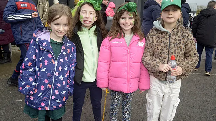 Pictured at the St Patrick's Day parade at Coppeen was Kate O'Driscoll, Anna McCarthy, Ella murphy and Rosha Fehilly. Picture Denis Boyle