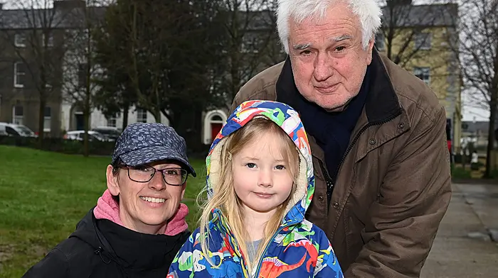 Locals Robyn Wade with her mum Majella O'Rourke and her grandad Donal O'Rourke on a walkabout in Kennedy Park, Clonakilty.  (Photo: Martin Walsh)