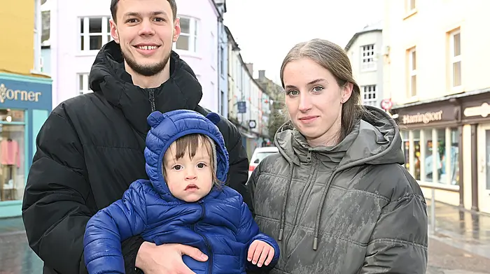 Max , Michael and Anna Arusson from Clonakilty out and about in Astna Square.  (Photo: Martin Walsh)