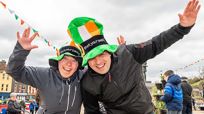 Bernie O'Regan (Ballydehob) and David Sullivan (Glengarriff) having fun at the Bantry St Patrick’s Day parade. (Photo: Andy Gibson)