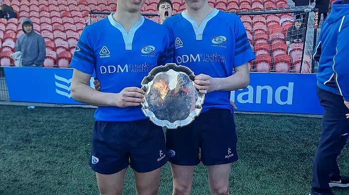 Newcestown's Donncha O'Mahony and Olan Kelly were part of the winning Bandon U16 rugby team who won the Pan Munster Plate last Sunday after they defeated Midleton at Virgin Media Park.