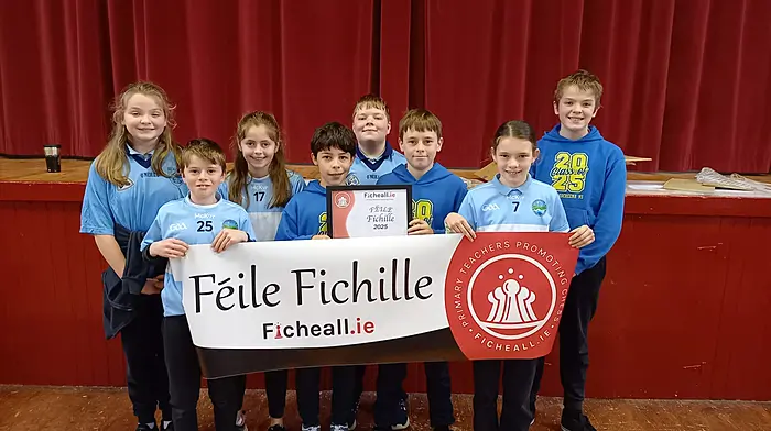 Pupils from Reenascreena National School who took part in the Ficheall Comortas chess tournament in the Beda hall, including Liam Fargnoli who scored the highest individual points on the day. From left: MaryAnn Forsythe, Christopher Callanan, Sacha Cooke, Liam Fargnoli, Eoin Doolan, Luke Callanan, Lucy Callanan and Seamus Forsythe.