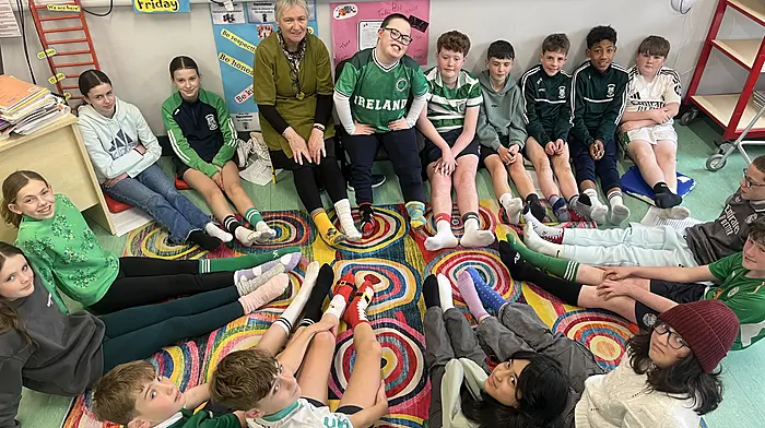 Sixth class pupils at Rath National School celebrated World Down Syndrome Day with their colourful odd socks. From left: Alexis O’Regan, Caoimhe Cottrell, Ava Javid, Emer Crowley, Flor McEvoy (sna) James Hurley, Senan Whooley, Paddy Sheehy, Theo Best, Kingsley Crosby, Bill O’Driscoll, Jesse Best, Tadhg Ronan, Clara Hickey, Afiqah Rosihidin, Ben Pitton Brady, and Fionn Daly.