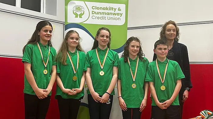 The Kilmacabea Scór na bPáistí ballad group of Ciara Jennings, Caoimhe O’Brien, Mary Jo O’Mahony, Annie O’Donovan and Conor O’Mahony won at the recent Carbery Scór na bPaistí and will now be competing in the county semi-final on Saturday.