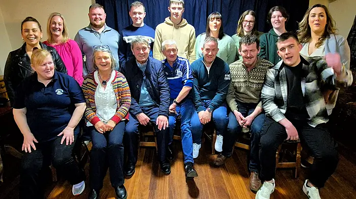 Popular Cape Clear postman Tom Cadogan (fourth from left, front row) celebrated his 60th birthday in style at The Skibbereen Eagle in Tragumna last Saturday. A large gathering of family and friends from Cape Clear attended the function. Front (from left): Mary O'Regan, Siobhan Cadogan, Tadhg O'Drisceoil, Thomas Cadogan, Ciaran O’Drisceoil, Connie Cadogan and Niall O’Regan. Back (from left): Blathin O’Donavan, Claire Ni Drisceoil, Diarmuid Cadogan, Aaron Cadogan, Shane Langley, Louise O’Regan, Emily Sweeney, Lara Sweeney and Margaret O’Regan.  (Photo: Garry Minihane)