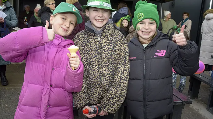 (Left) At the Patrick's Day parade in Coppeen were Caragh Fehilly, Cailyn O'Sullivan and Etty McCarthy. Laurence Necio, Skibbereen, Arthur Lagasca, Baltimore, with Algerico Maghanoy and Arnel Valenzuela, both of Skibbereen enjoying the St. Patrick's Day Parade in the town. (Photos:  Denis Boyle and Anne Minihane).