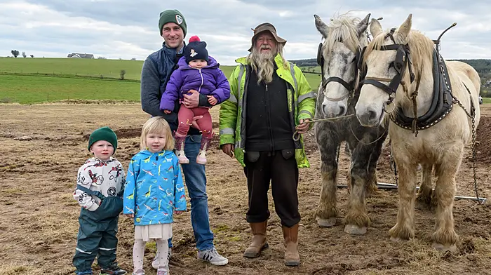 Land owner Tim Dennehy with his children Thady, Saoirse and Kitty with Jerry from Kerry and his horses Elton and Larry at the Macroom 52nd annual ploughing match which was the seventh ploughing match of the 2024/2025 season in the Cork West region and which was held on the lands of Dennehy family, Coolineagh, Aghabullogue.  (Photo: David Patterson)