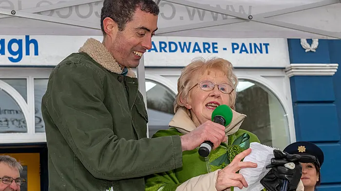 Bantry St Patrick’s Day parade’s grand marshal Jennifer Evans being interviewed by PJ McNamara of radio C103. (Photo: Andy Gibson)