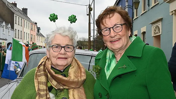 Community activist Ballinascarthy lady Betty Hennessy, who was the grand marshal of the Clonakilty St Patrick's Day parade (right) with her friend Ann O'Sullivan, also from Ballinascarthy.  (Photo: Martin Walsh)