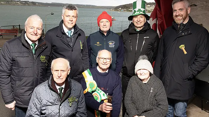 At the Courtmacsherry St Patrick's Day Parade were (seated, from left): Michael Manning, Brian O'Dywer (grand marshal) and Bernadette O'Brien (master of ceremonies).  Standing (from left): Gerald O'Donovan (committee chairperson), Cllr John Michael Foley, Dara Gannon, Rev Kingsley Sutton and Minister for State Christopher O'Sullivan.  (Photo: Martin Walsh)