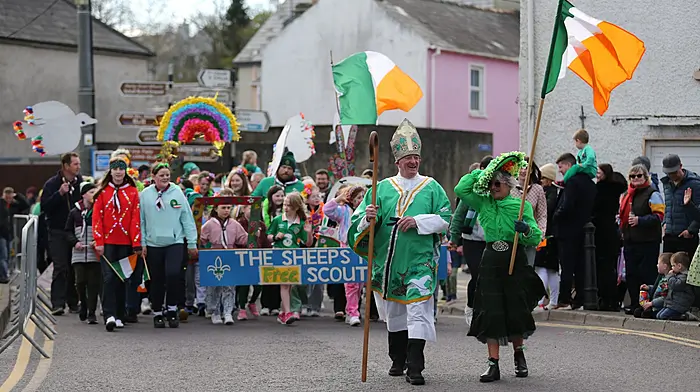 Paddy Hegarty as St Patrick with grand marshal Gene Griffin at the St Patrick's Day parade in Schull. (Photo: Carlos Benlayo)