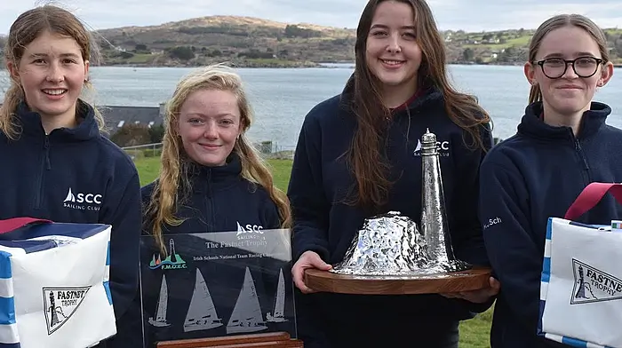 Schull Community College Sailing Club committee members with the Fastnet trophy, the Munster trophy and some specially commissioned prizes which were sponsored by McWilliam bags. From left: Sofia Harrap, Lucy Copithorne, Ruby McCarthy Fisher and Kiva Scannell.