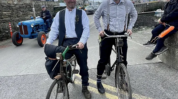 Jim Collins and Michael O’Mahony representing Rath Vintage Club on their restored High Nelly bicycles at the St Patrick’s Day parade in Baltimore.