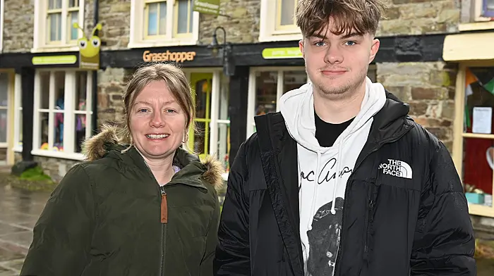 Dunmanway's Deridre O'Neill and Noah Hayes in Spiller's Lane during a trip to Clonakilty.  (Photo: Martin Walsh)