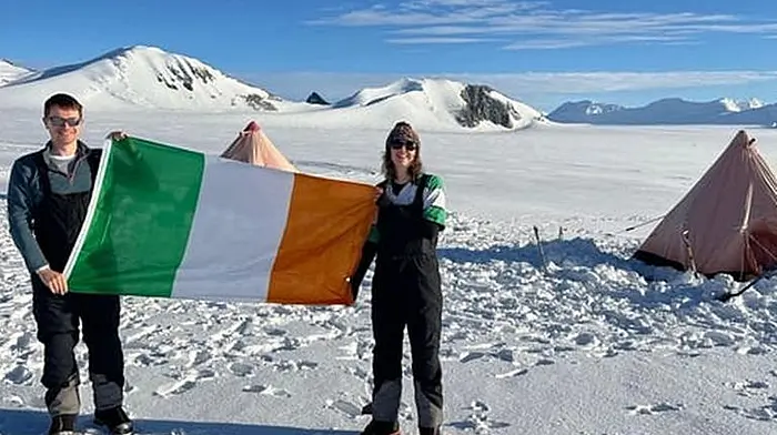 Grainne Keogh from Belgooly leading the first ever St Patrick’s Day parade at the South Pole.