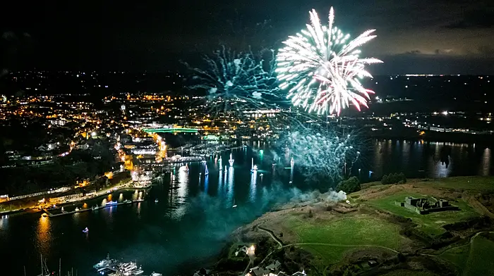 A drone view of the fireworks over Kinsale marking the end of the annual maritime parade during the St Patrick’s festival.  (Photo: John Allen)