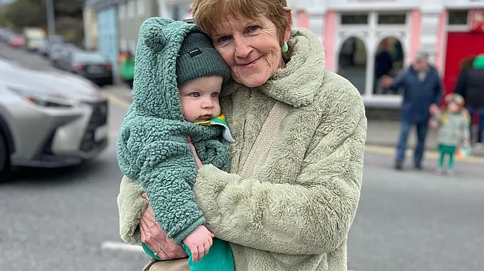 Peig Curtin from Bandon with her one-year-old grandchild John Edward O'Driscoll enjoying the Ballydehob St Patrick’s Day parade together.