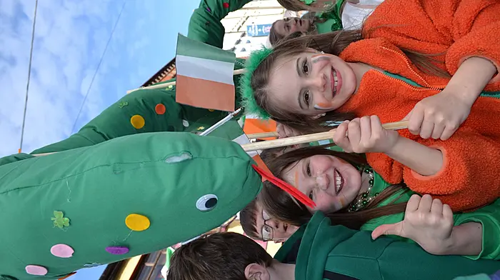 Harper O'Mahony and Sadie Nealon, pupils at Castletownshend National School, taking part in the Skibbereen St Patrick's Day parade. (Photo: Anne Minihane)