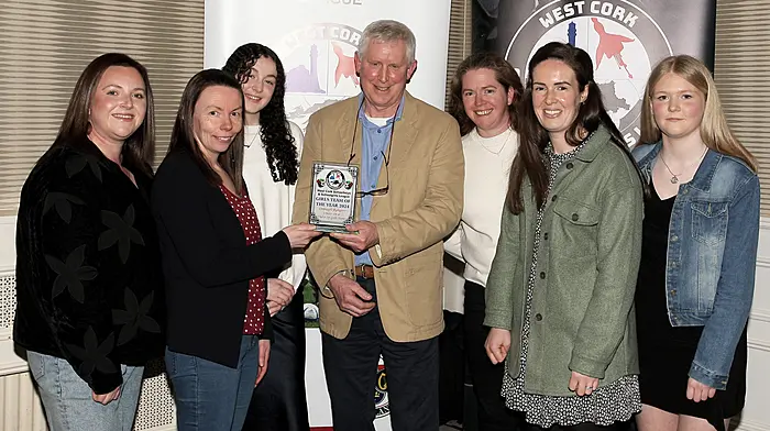 WCSL Chairman Declan Deasy presents the Girls Team of the Year to Drinagh Rangers. Accepting the award were, Evelyn Bennett, Laura O'Regan, Emily Buttimer, Aisling Connolly, Brid Jagoe and Rosie O'Donovan.