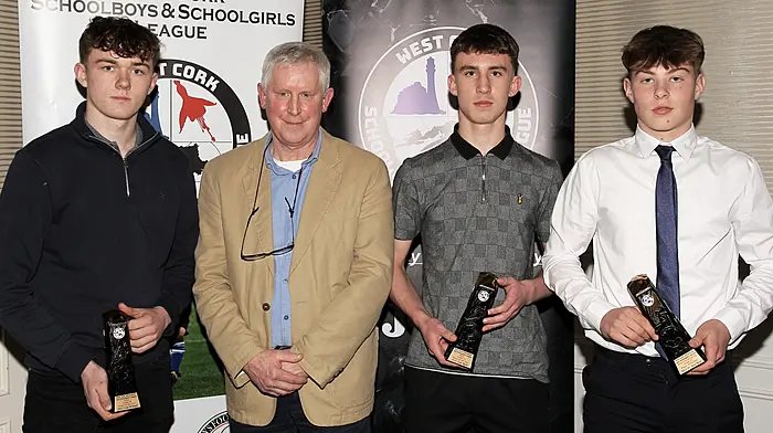 West Cork Schoolboys and Schoolgirls League Chairman Declan Deasy presents the U15 Boys' Player of the Year to Joint winners Alex Bramoulle (Dunmanway Town), Liam Ryan (Lyre Rovers) and Luke Holland (Dunmanway Town).
(Photos: Paddy Feen)