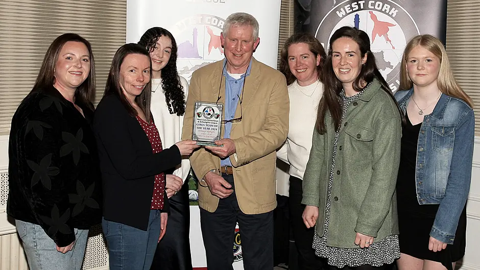 WCSSL Chairman Declan Deasy presents the Girls Team of the Year to Drinagh Rangers. Accepting the award were, Evelyn Bennett, Laura O'Regan, Emily Buttimer, Aisling Connolly, Brid Jagoe and Rosie O'Donovan. (Photo: Paddy Feen)