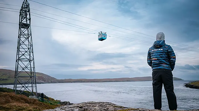 REPRO FREE***PRESS RELEASE NO REPRODUCTION FEE*** EDITORIAL USE ONLYRed Bull Dursey Island Cable Car Dive 15/10/2025Red Bull Cliff Diver Orlando Duque jumps from the Dursey Island Cable Car in West Cork. The Columbian diver completed a world-first cable car dive, plunging 24 metres in to the Atlantic Ocean below. Located on the Beara Peninsula and suspended between the mainland and Dursey Island, the cable car is the only one in Europe which crosses open sea water.Mandatory Credit ©INPHO/Red Bull Content Pool/Szymon Lazewski