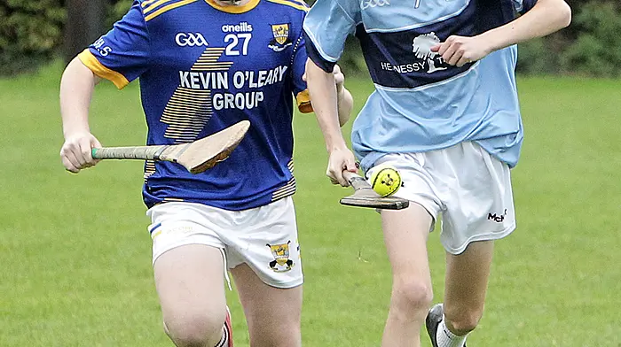 Hamilton High School Blues' Tom Connolly and Clonakilty Community College Reds Dylan O'Brien in action. (Photo: Paddy Feen)