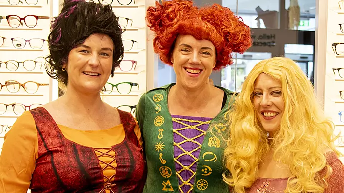 The Hocus Pocus witches, AKA  Katie Morrissey, Marie Burke, and Noírín Murphy, giving their Specsavers Bandon customers some spooky 'insight' (Photo: Andrew Harris)