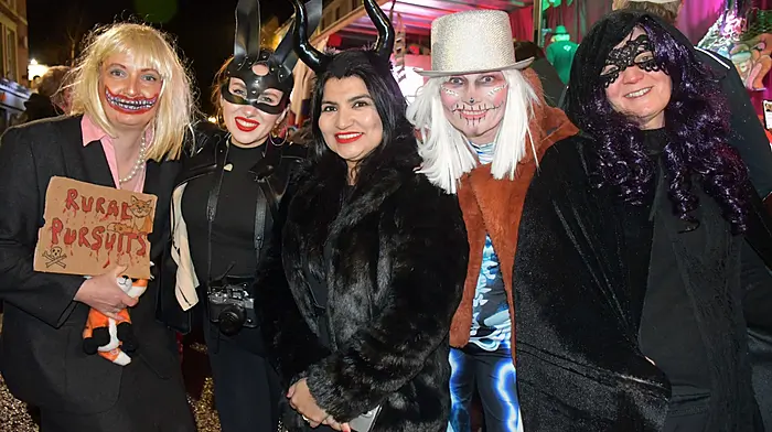 Ann Haigh, Lisa Ushkalova, Adriana Santos, Nicola McCarthy, and Jo Veasey at the Skibb O'Ween street party. (Photo: Anne Minihane)