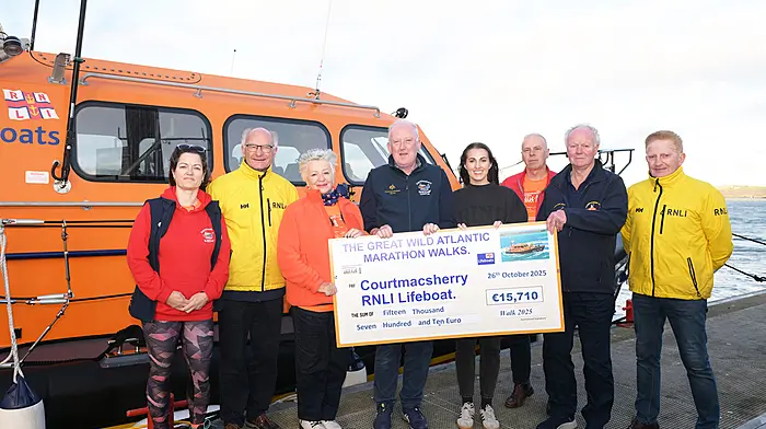 The 2025 edition of the Great Wild Atlantic Marathon Walks that took place last August raised a record amount of €15,710 for the Courtmacsherry RNLI and since its inception, the annual event  has now raised €88,722 over the last nine years. Included in the photo are Aoife Daly, Brian O'Dwyer, Angela Veldman O'Donovan, Liam Murphy, Emma O'Donovan, Richard O'Flynn, David Dunwoody and Vincent O'Donovan.  (Photo: Martin Walsh)