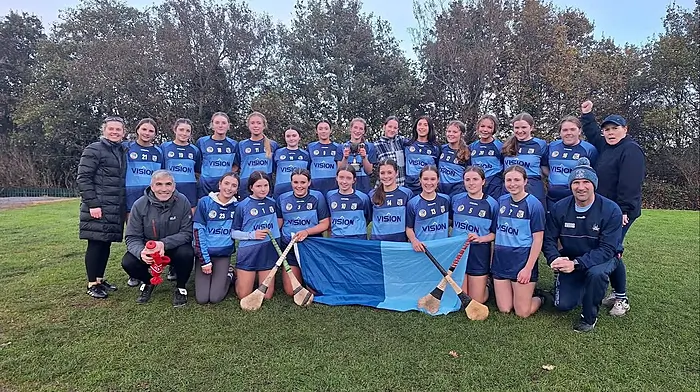 The Barryroe U16 camogie team, together with their mentors, who won the premier two county championship.