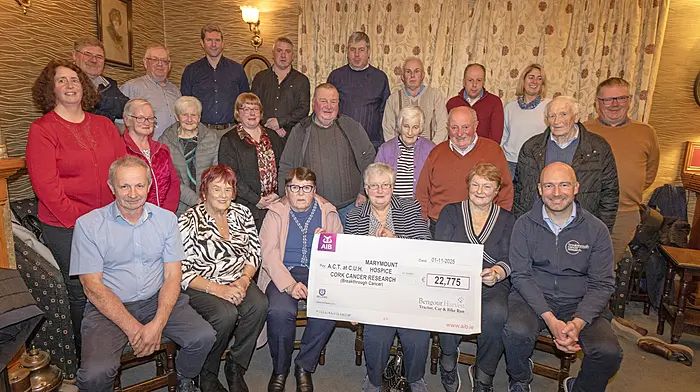 A group recently gathered at An Caipín for the presentation of €22,775, the proceeds from this year’s Bengour harvest tractor, car and bike run. The proceeds were divided between ACT at CUH and Marymount Hospice & Cork Cancer Research (Breakthrough Cancer) Included are, front: William O’Mahony (chairman), Pat McCarthy and Ber Ryan from ACT, Rose Cronin (treasurer), Breda O’Sullivan and Owen O’Sullivan (representing Breakthrough Cancer Research).   (Photo: Colum Cronin)