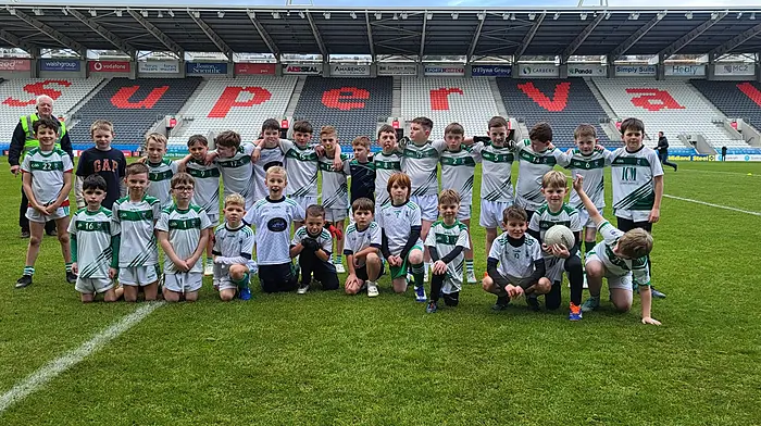 The Ilen Rovers U8 and U10 boys who did the club proud during the half time games against Ballinora in Pairc Uí Chaoimh at the intermediate A football championship final. Back: Cuan Putz, Shane Murphy, Sean O’Sullivan, Tim Sheehy, Michael John Whooley, Sean Duggan, Danny Coakley, Tadgh Barry, Fionn Barry, Alex Landers, Charlie O Driscoll, Noah Harmon, Eoghan Hegarty, Alan Crowley, Aaron Hegarty and Rowan O'Driscoll. Front: Nicolas McSweeney, Rory Keane, Eoghan Collins, Daniel Casey, Senan Coughlan, Harry Coughlan, Archie Desmond, Enda Flannery, Sean Holland, Patrick O’Driscoll, Tadhg Holland and Conor Whooley.