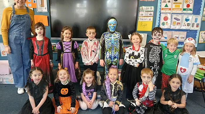 The infant classes at Carrigboy National School,  along with their teacher Miss Minihane, all dressed up for Halloween.