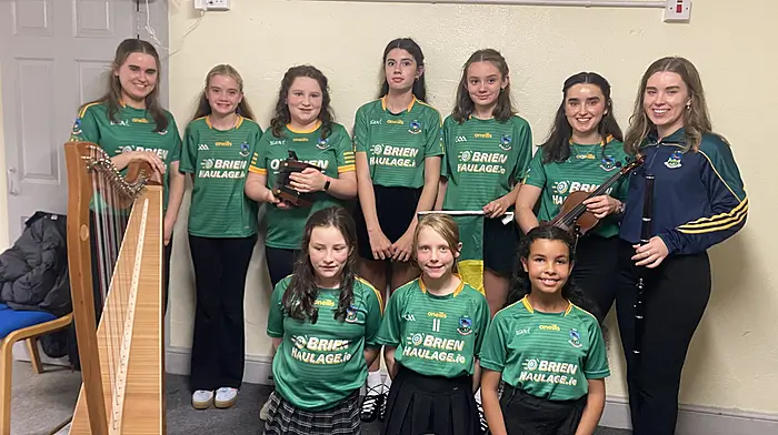 Members of the Kilmacabea Scór team who recently performed at the Carbery GAA 100th anniversary concert. Back: Kellianne French, Caoimhe O’Brien, Áine Ní Lochlainn, Lorraine O’Donovan, Isabella Harte, Chantelle French and Katelyn French. Front: Maighréad Ní Lochlainn, Skyla Schmitt and Rosa O’Brien. This group are part of the team who won the PJ Tobin memorial cup for the most points across all the scór competitions in the Carbery division.