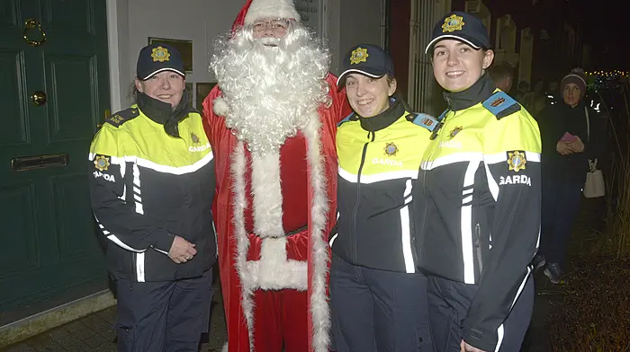 At the Bandon Switch-On with Santa was garda Frances Murphy with  trainee gardaí Rachel Buckley and Sarah Spillane. (Photo: Denis Boyle)