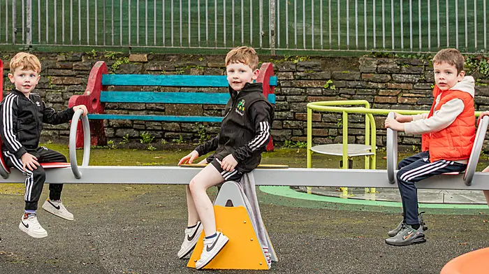 Mike Fenton, Aodhan, and Aíndrías O’Sullivan, Brian Joseph Lowney and Ollie Fenton enjoying the newly refurbished playground in Castletownbere. (Photo: Anne Marie Cronin)