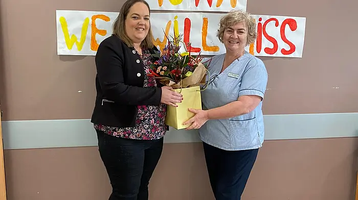 Staff at Castletownbere Community Hospital gathered to say farewell to Fiona O'Sullivan and wish her well in her future endeavours.  Fiona worked at the hospital for the last 18 years.  Fiona (left) with Helen O'Donovan.