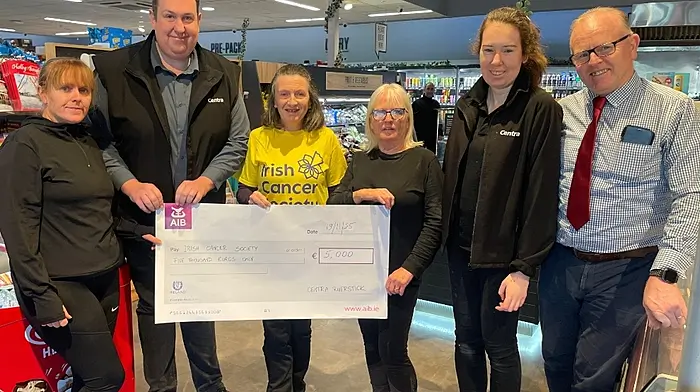 Centra Riverstick raised an amazing €5k with their community walk fundraiser held for the  Irish Cancer Society. The event was organised by Ray and the team at the Centra in Riverstick. From left: Sue (Centra), Ray (manager, Centra Riverstick), Mary (Irish Cancer Society), Margaret (Centra) and Leo Flynn (store owner).
