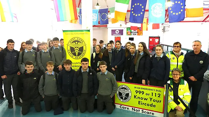 Transition Year students from Coachford College with West Cork Rapid Response volunteers Betty Hennessy, Liam Slattery and Kate Crowley after their talk on the importance of knowing your Eircode and what it means to be a volunteer.