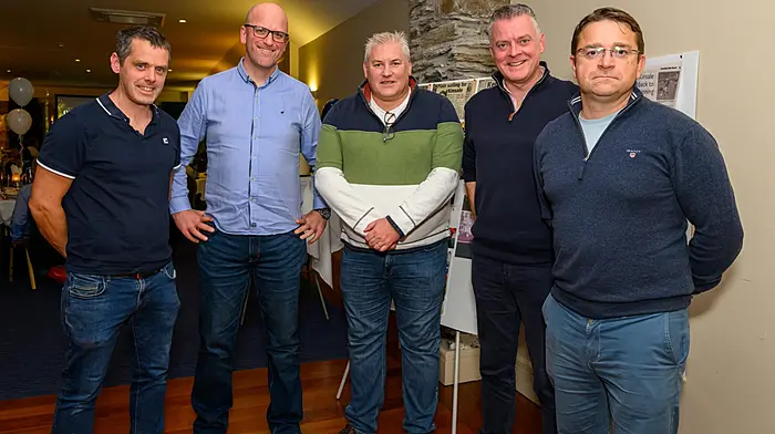 Ray O’Donovan, John McCarthy, Kevin Buckley, Graham Quin and John Kingston at the 90th anniversary celebrations for Kinsale AFC in the Trident Hotel.  (Photo: John Allen)