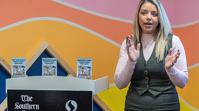 Clara Mulligan of Homebot Ireland pitches to the judges. Picture: Andy Gibson.