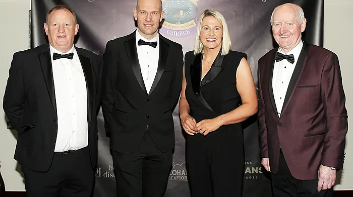 Former Cork footballers Mark Farr and Alan O'Connor with special guests Jacqui Hurley, RTÉ, and Pat Horgan, Cork County Board Chairman. (Photo: Paddy Feen)