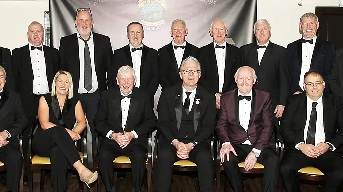 Special guests Jarlath Burns, GAA President; Pat Hogan, Cork County Board chairman, and Jacqui Hurley, RTÉ Sports Presenter, are pictured with members of the 1994 Carbery senior hurling team that won the county championship. (Photo: Paddy Feen)
