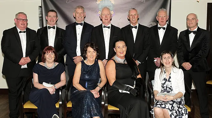 Kilbrittain club members attending the Carbery GAA Centenary Gala Ball in the Westlodge Hotel. Front, from left, Ita Hayes, Lisa O'Connell, Fionnula O'Donnell and Karen O'Callaghan. Back from left, Fergal Keohane, Owen Sexton, Dan O'Connell, Denis Healy, Dermot Hayes, Geoff O'Connell, Shane O'Donnell. (Photo: Paddy Feen)