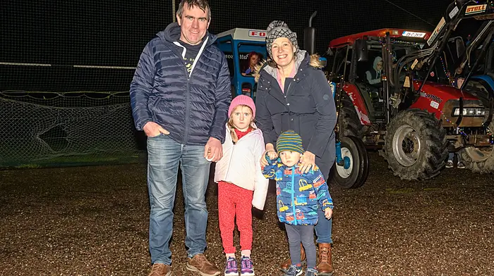 Jer and Mary Coakley (Clonakilty) with Maggie and Jerry at the Kilmeen Macra Christmas lights tractor run which started at St. Mary’s GAA club grounds in Enniskeane. Proceeds of the run will go to Reenascreena National School and Progressive Supranuclear Palsy.
Picture: David Patterson, Tractor Run – Cork