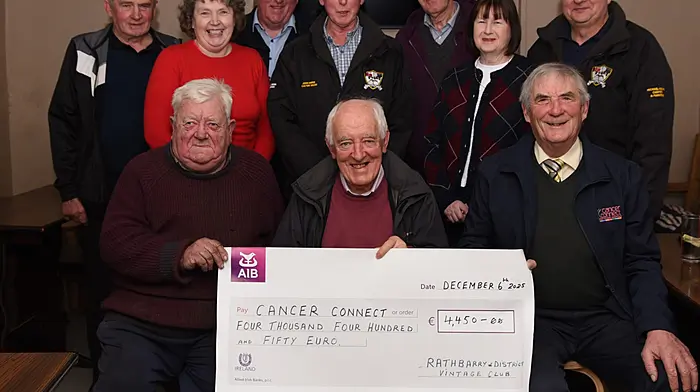 Cancer Connect:Front seated L-R: Denis Murray, Con McCarthy and Neilie O’Leary.Standing L-R: Michael Coughlan, Caroline Jennings, John Hayes, Michael Kearns, Timmy Cullinane, Sheila Hayes and Gordon Jennings.)