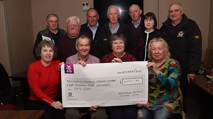Rathbarry & District Vintage Club’s presentation night took place last Saturday where a cheque for €4,450 each was presented to Cancer Connect and Clonakilty Community Resource Centre. The funds were raised at the tractor run and threshing working day held in September. Thanks was expressed by Michael Kearns to everyone who supported and attended the event.  Clonakilty Community Resource Centre (seated) Caroline Jennings, Jimmy Byrne, Theresa Whelton Tobin and Adrienne Adams. Standing; Michael Coughlan, Denis Murray, John Hayes, Michael Kearns, Timmy Cullinane, Sheila Hayes and Gordon Jennings. Right; Cancer Connect (seated) Denis Murray, Con McCarthy and Neilie O’Leary. Standing, Michael Coughlan, Caroline Jennings, John Hayes, Michael Kearns, Timmy Cullinane, Sheila Hayes and Gordon Jennings.  Photos courtesy of Noreen Brazier.