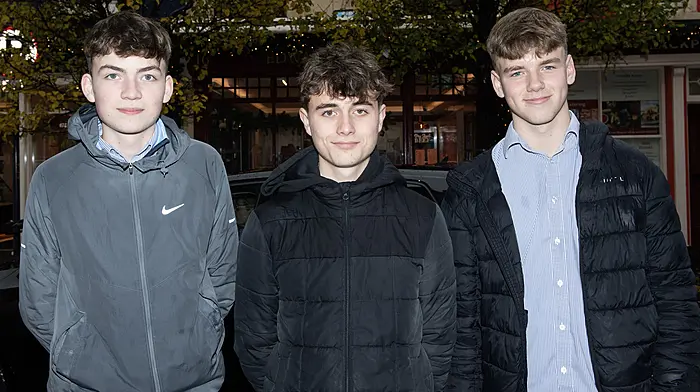 Clonakilty Community College mini company students (left to right): James Carey, Jack Brosnan and Robert O'Donell, all from Clonakilty on their lunch break.  Photo: Martin Walsh.